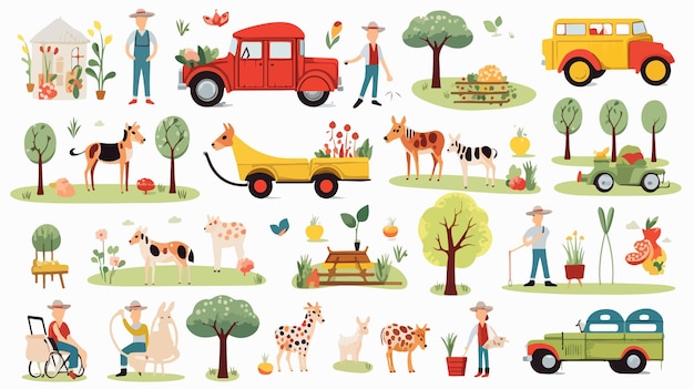 Cartoon Style Farmers Set with Farm People and Animals