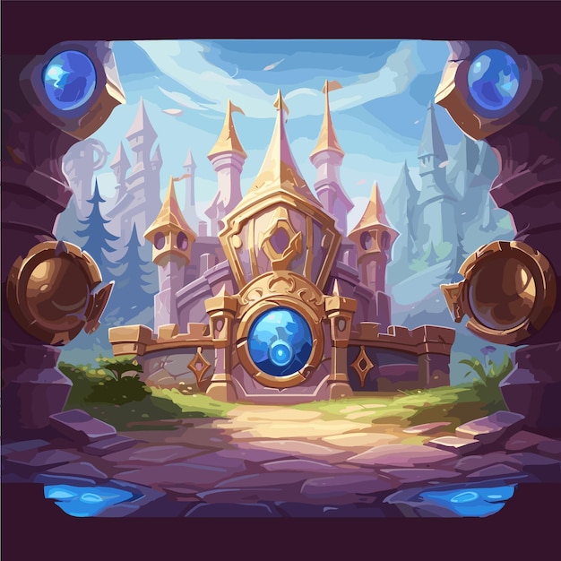 a cartoon style illustration of a castle game background landscape video game