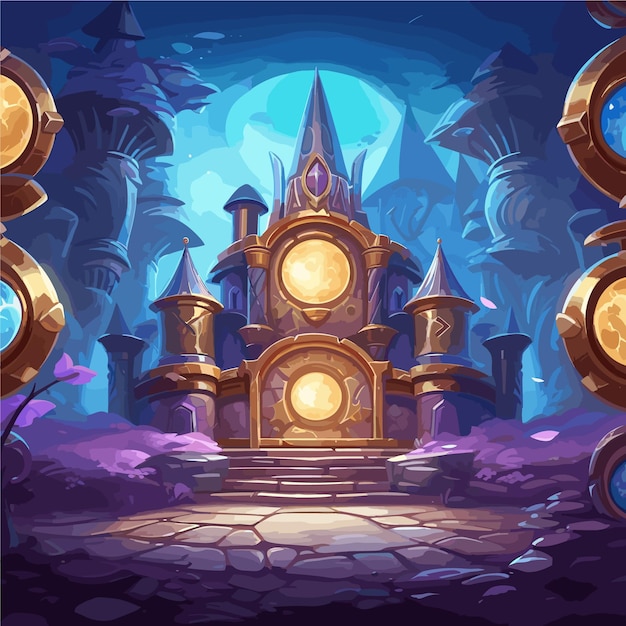 a cartoon style illustration of a castle game background landscape video game