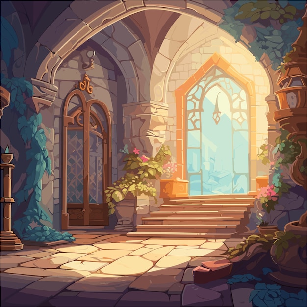 a cartoon style illustration of a fantasy castle with a stone floor and a stone arch