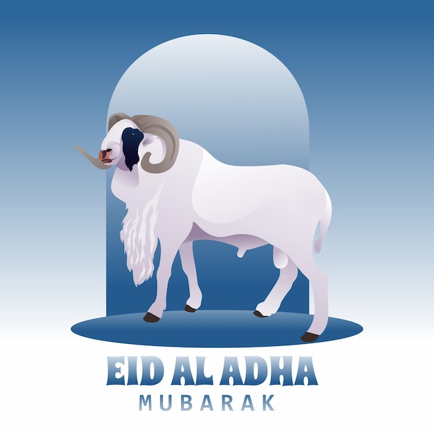 Cartoon Style Illustration of a goat with horns on a gradient blue background for Eid al-Adha Mubara