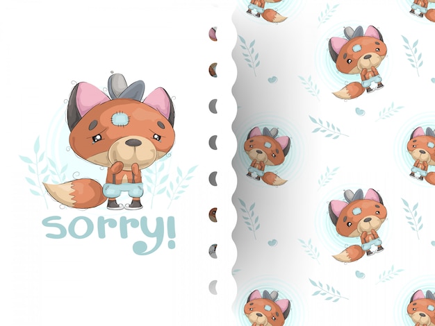 Cartoon style illustration of little teddy fox crying