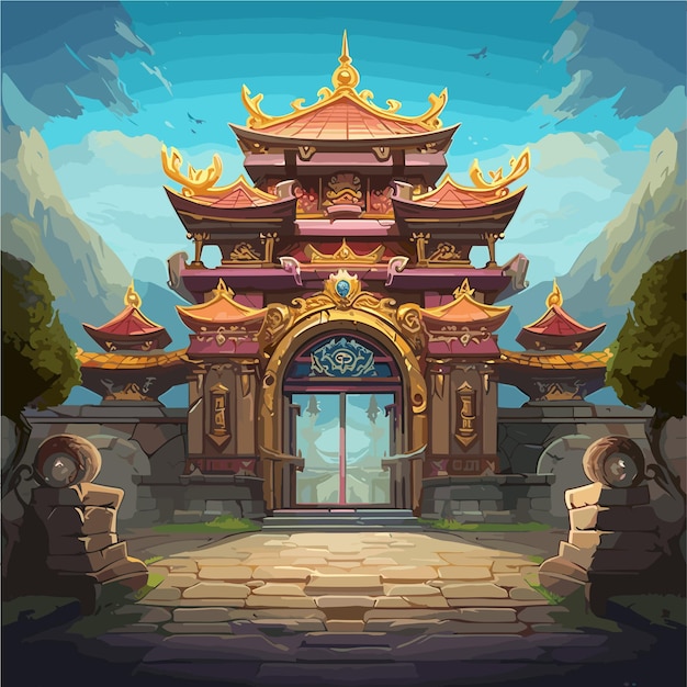 a cartoon style illustration of a temple game background