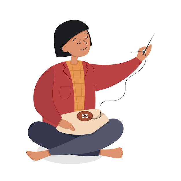 A cartoon style illustration of a woman sewing