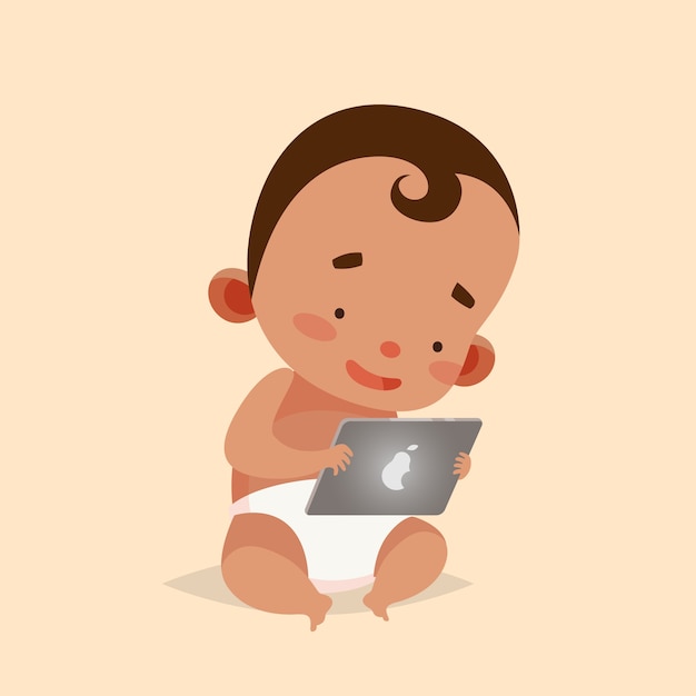 Cartoon style. Isolated character. Modern technologies for kids. Baby toddler boy with tablet.