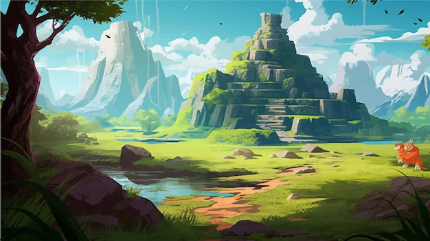 a cartoon style landscape with a mountain and a river castle game background