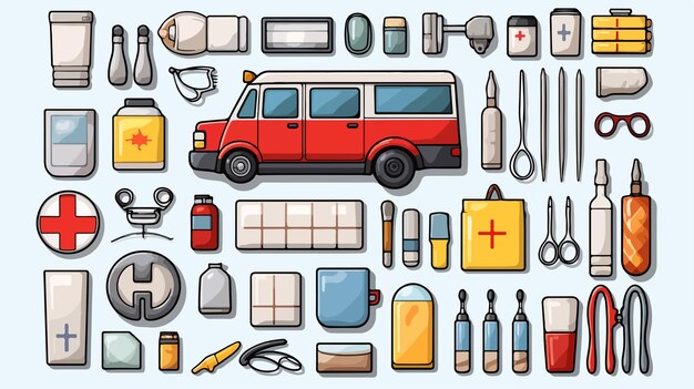 Vector cartoon style medical supplies set for healthcare professionals