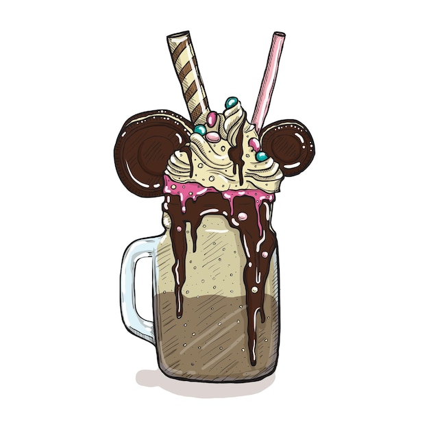 Cartoon style milkshake with cookies, chocolate, ice cream and candys. Hand drawn creative dessert