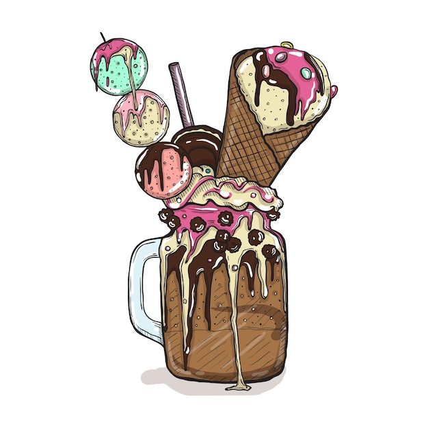 Cartoon style milkshake with cookies chocolate sweets and ice cream. Hand drawn creative dessert