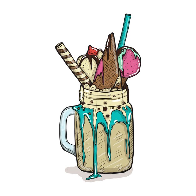 Cartoon Style Milkshake with waffles strawberries and ice cream. Hand Drawn Creative Dessert isolated.