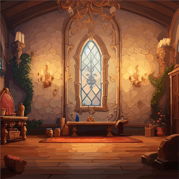 a cartoon style room with a large window and a fireplace spirituality religious hall fantasy