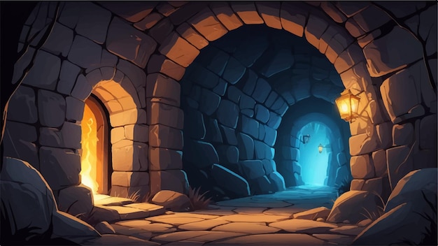 Cartoon Style Secret Passage with Cobwebs Stone Walls and Dim Torches Illustration