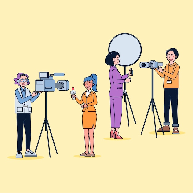 Cartoon style. Set of television videoman and journalist reporting the news in cartoon character, difference action isolated flat  illustration.