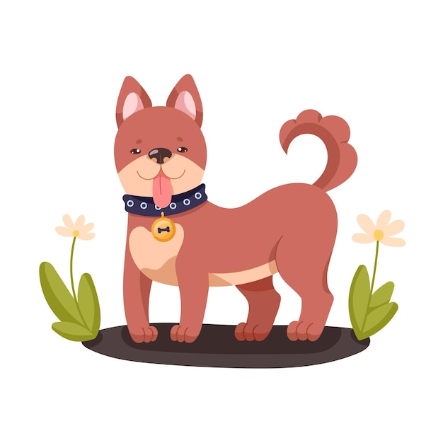 Cartoon style vector image of a cute brown dog with a bell on a dogcollar