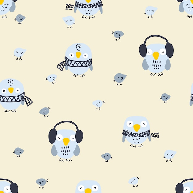 Cartoon style winter seamless pattern with owls and small birds Perfect for Tshirt textile and prints Hand drawn vector illustration for decor and design