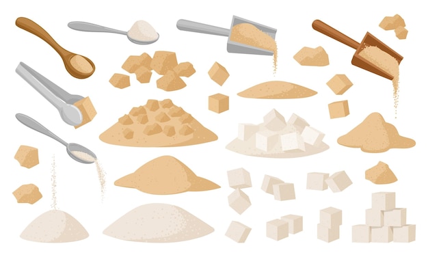 Cartoon sugar sweet cooking ingredient pile cube or powder flat vector illustration set