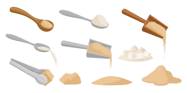 Cartoon sugar sweet cooking ingredient in spoon sweet cooking product vector illustration set