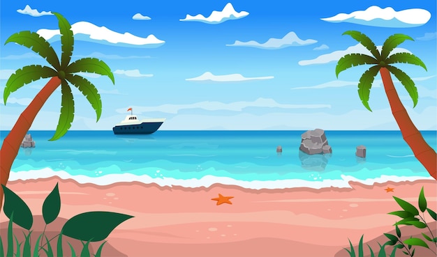 Cartoon summer beach, seaside landscape, tropical beach relax, vector background illustration.