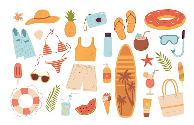 Cartoon summer beach stuff vector illustration Summertime items Vacation accessory for sea holidays