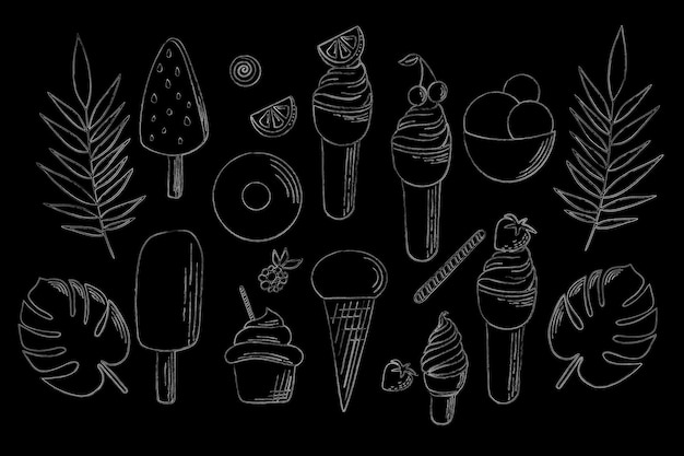 cartoon summer delicious ice cream in flat style Vector illustration Drawn white chalk