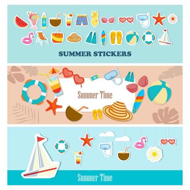 Cartoon summer elements item or sign travel beach card and summertime accessory Cocktails ice cream and exotic fruits vector illustration set Palm and surfing board Umbrella and sunglasses