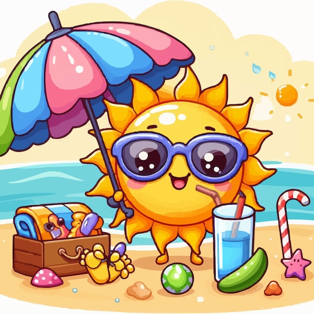 a cartoon sun with sunglasses and a beach umbrella