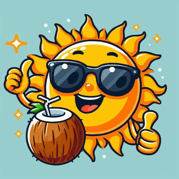 Vector a cartoon sun with sunglasses and a drink in front of it