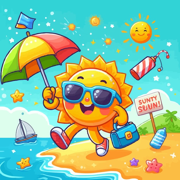 a cartoon sun with sunglasses and a sun umbrella