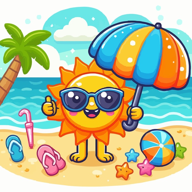 a cartoon sun with sunglasses and an umbrella on a beach