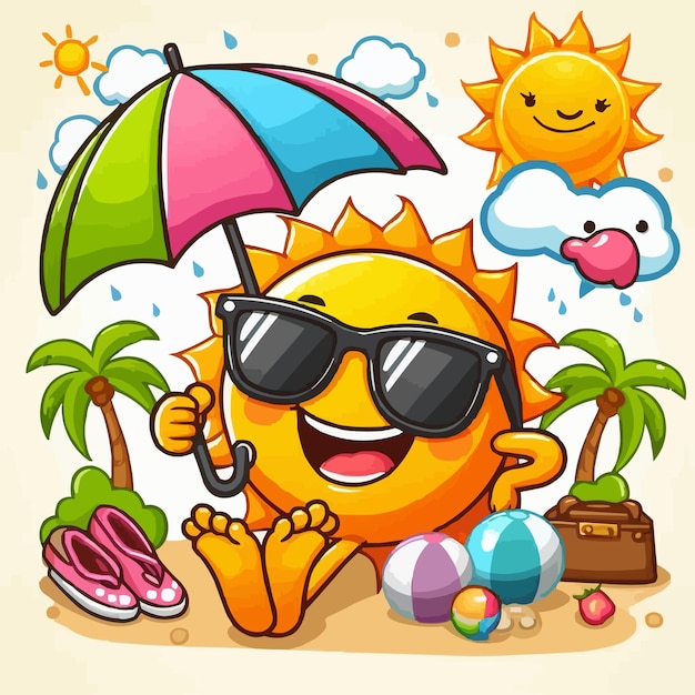 a cartoon sun with sunglasses and an umbrella with a sun on it