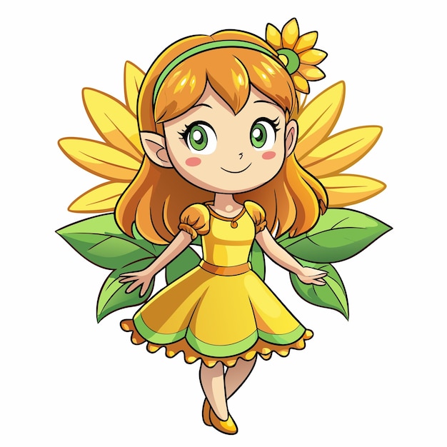 Cartoon Sunflower Fairy Girl with Floral Headpiece Vector Design