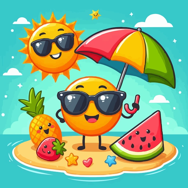 a cartoon of a sunflower and a watermelon with sunglasses on their head