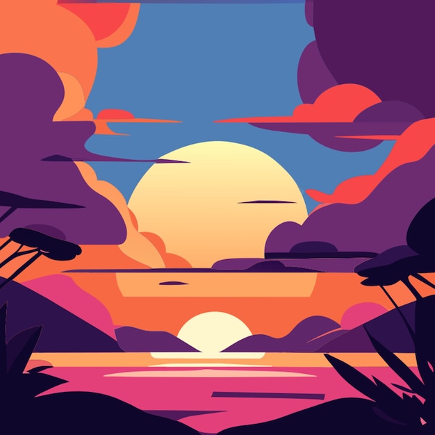 Vector cartoon sunset or sunrise gradient sky with clouds and sun vector illustration flat 2