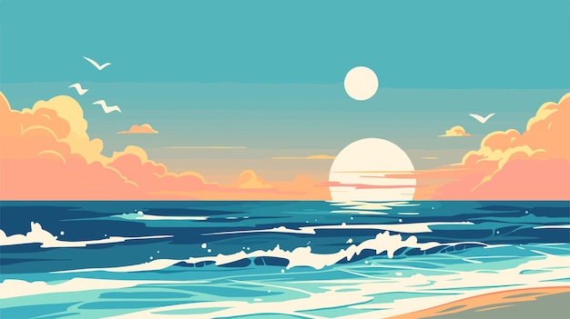 a cartoon of a sunset with a beach scene in the background