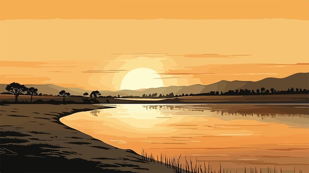 Vector a cartoon of a sunset with mountains in the background