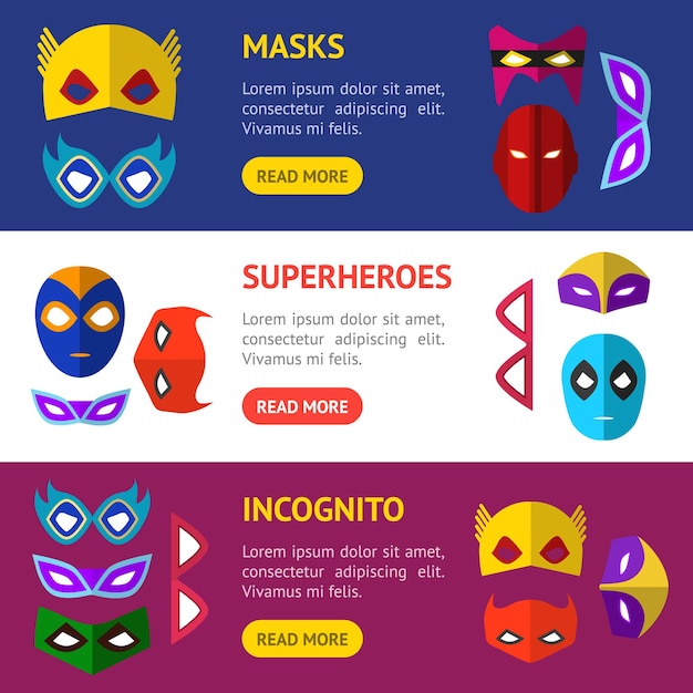 Cartoon Superhero Mask Banner Horizontal Set Vector