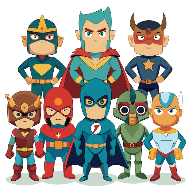 Vector cartoon superheroes team standing together with various designs and powers