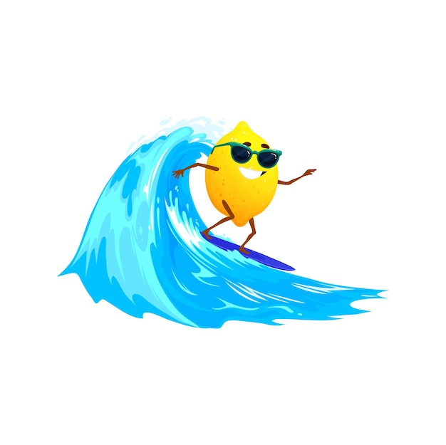 Cartoon surfer lemon character riding large wave