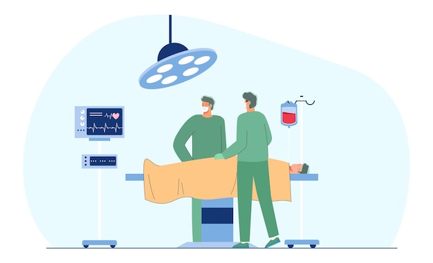 Vector cartoon surgeons operating on patient in clinic. medical room with hospital workers and operating table flat vector illustration. surgery, health, technology concept for banner or landing web page