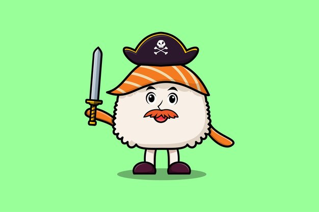 Cartoon Sushi pirate with hat and holding sword