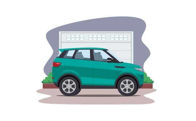 Cartoon suv car in front of garage vector illustration