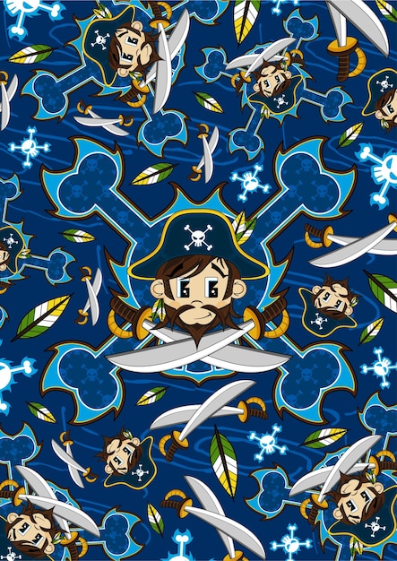 Cartoon Swashbuckling Pirate Captain with Crossed Swords Pattern