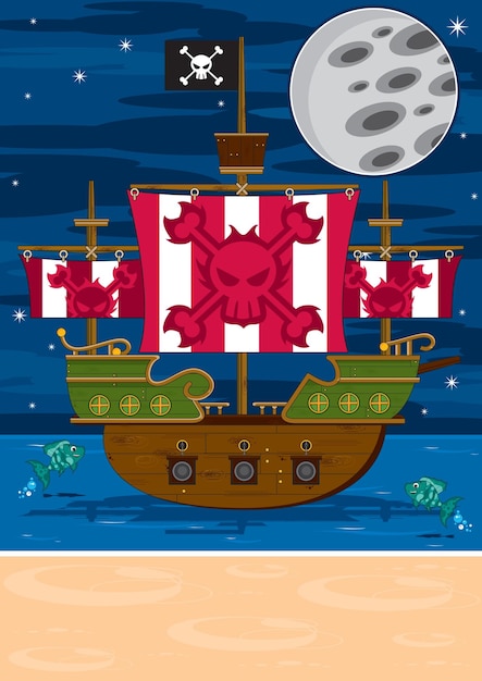 Cartoon Swashbuckling Pirate Ship at Shore by Moonlight