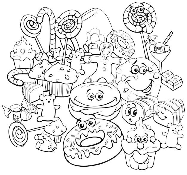 Cartoon sweet food objects group coloring page