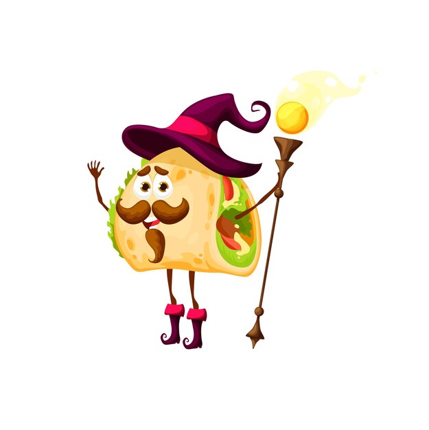 Cartoon tacos wizard character vector mexican food