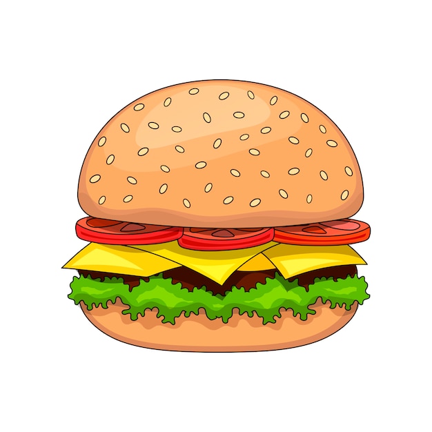 Cartoon tasty big hamburger with cheese and sesame seeds.