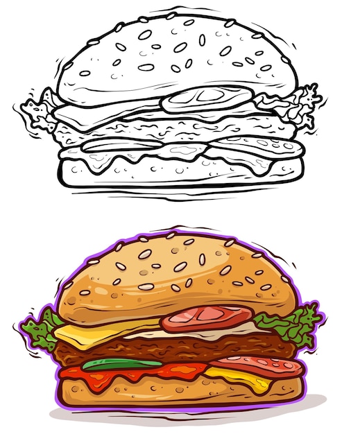 Cartoon tasty big hamburger with cheese and tomato