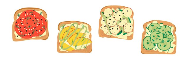 Cartoon tasty breakfast toasts Healthy food Fruits vegetable cream cheese chia greenery Top view