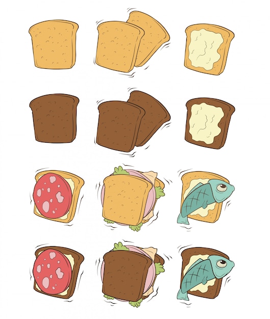 Vector cartoon tasty sandwiches with sausage and fish