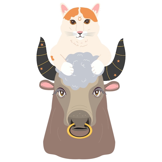 Cartoon Taurus cat in flat style seated on a bull Vector zodiac illustration